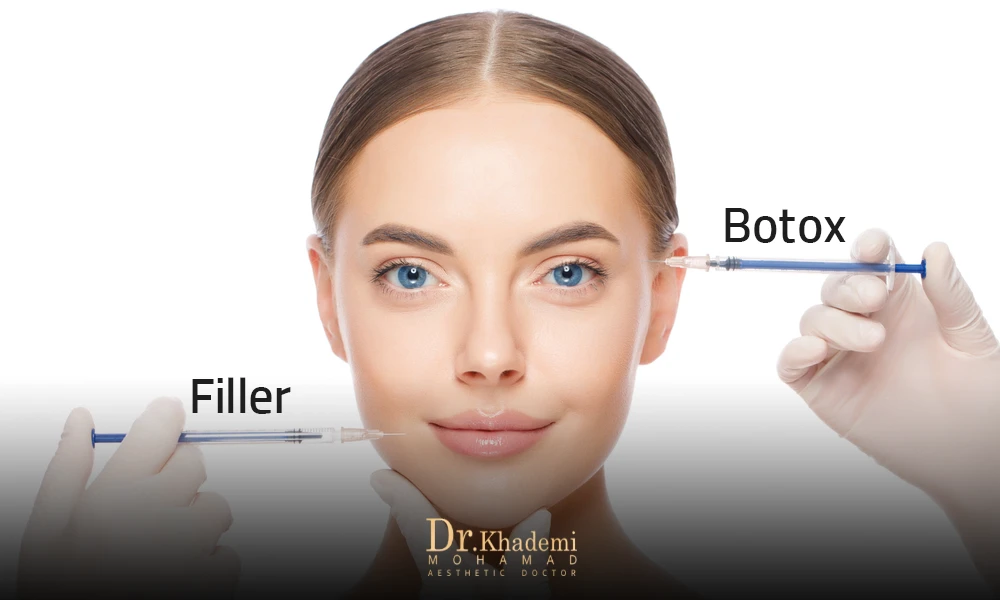 ئر تضویر ضورت یک حانم است که با یک سرنگ محل تزریق بوتاکس در پیشانی و با یک سرنگ در سمت چپ محل تزریق ژل