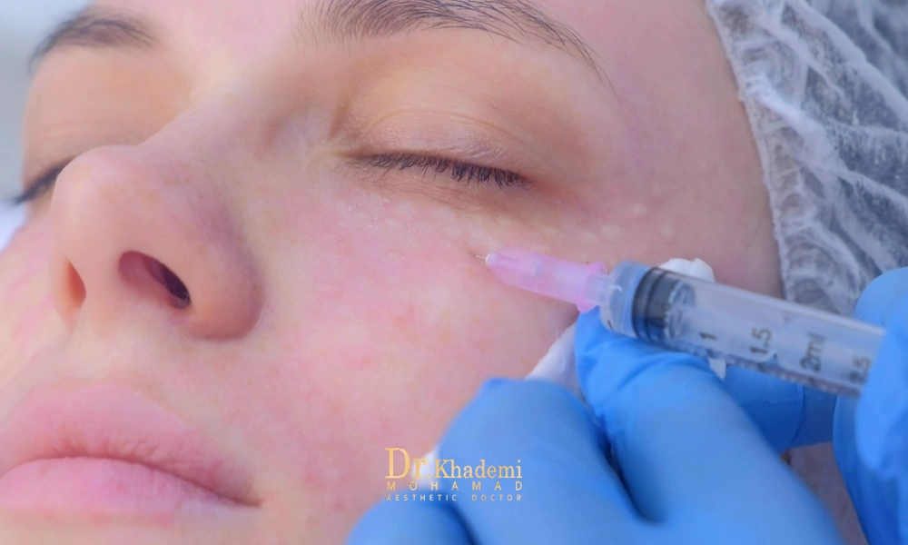 پوست روشن و کلاه پزشکی خانمی که اقدام به دریافت فیلر زیر چشم کرده است | کوچک شدن چشم با فیلر