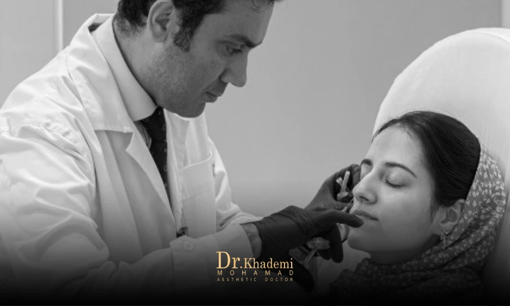 دکتر محمد خادمی در حال تزریق فیلر به گونه